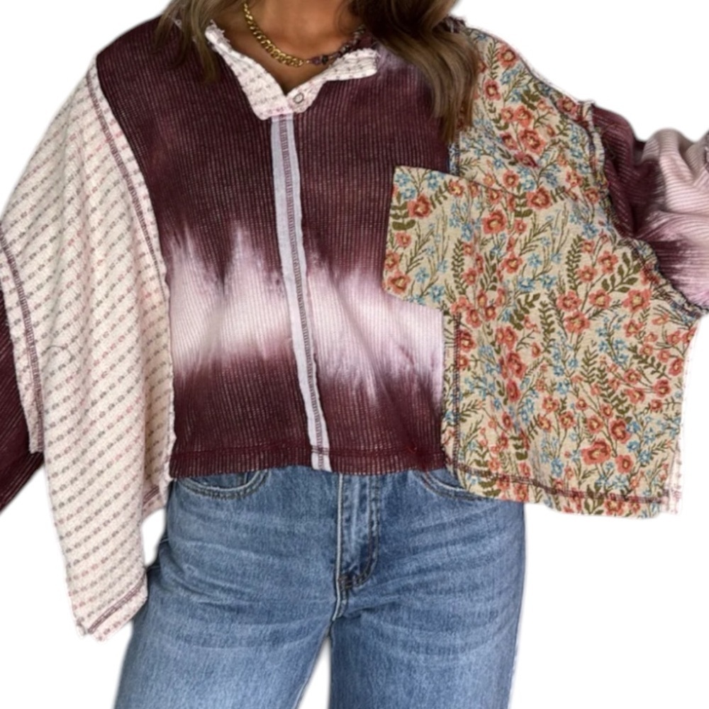🌸POL L Wildberry Patchwork and Cream Floral Tie-Dye Top P004 - Picture 2 of 8